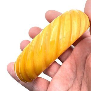 Vintage Bakelite Women's Wide Bangle Bracelet Retro Carved Yellow Swirl